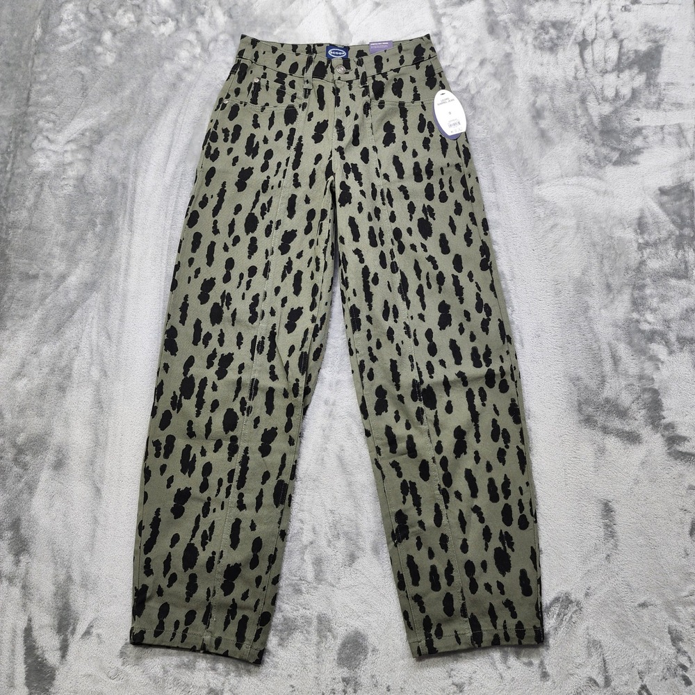 NEW SCOOP Jeans Womens 0 Herbal‎ Olive Green Leopard Animal Print Seamed Barrel